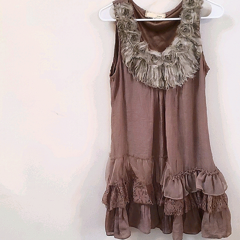 a 'reve brown ruffle and rosette slip dress. Med.